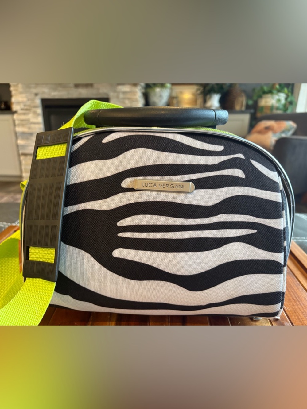 Luca Vergani Cosmetic Makeup Travel Bag Black & Lime Green Zebra Print Zip Up